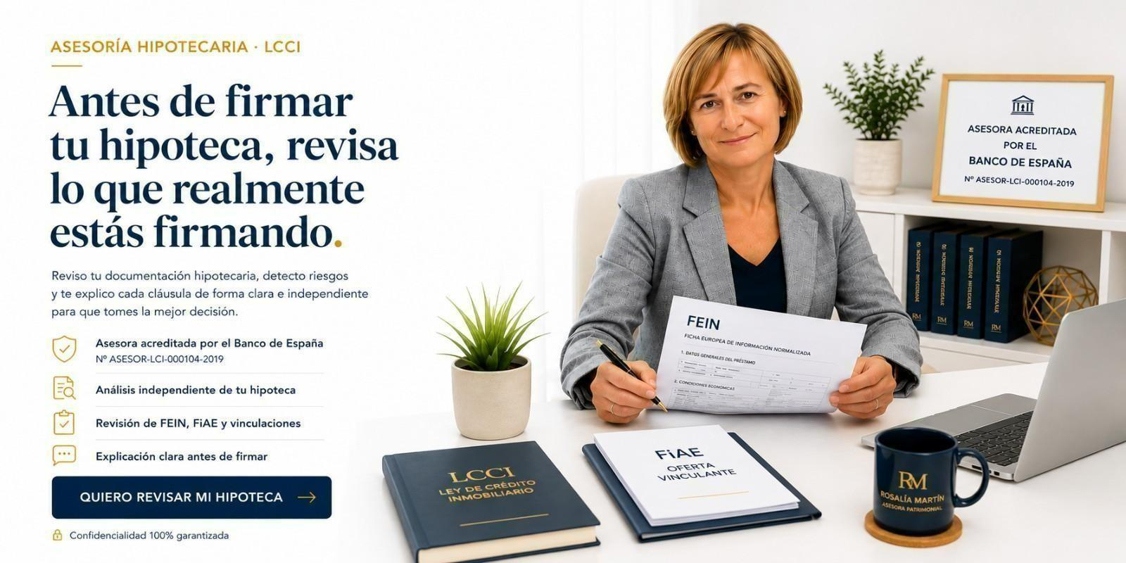 Asesoramiento hipotecario LCCI para revisar hipotecas antes de la firma. Análisis independiente de la FEIN, FIAE y documentación hipotecaria por asesora acreditada por el Banco de España.
