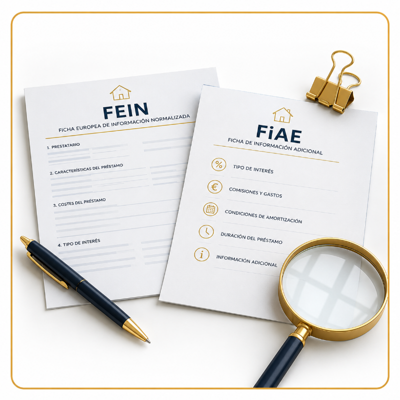 Revisión de la FEIN, FIAE y documentación hipotecaria conforme a la Ley de Crédito Inmobiliario (LCCI) para comprender las condiciones de la hipoteca antes de firmar.