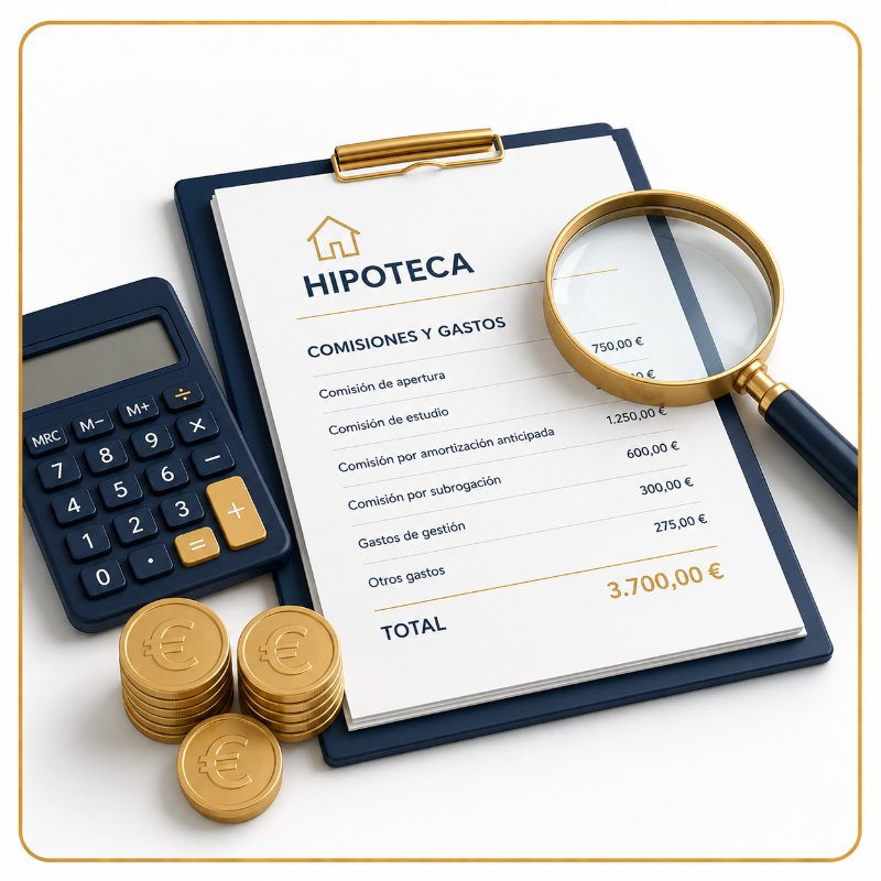 Análisis de comisiones, gastos, intereses y coste total del préstamo hipotecario conforme a la Ley de Crédito Inmobiliario (LCCI), evitando costes inesperados antes de firmar.