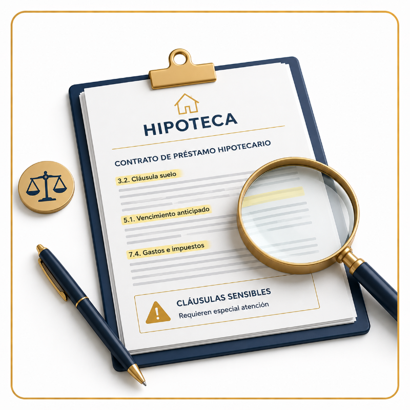 Revisión de cláusulas del contrato hipotecario para identificar condiciones sensibles, riesgos y obligaciones antes de la firma conforme a la Ley de Crédito Inmobiliario (LCCI).