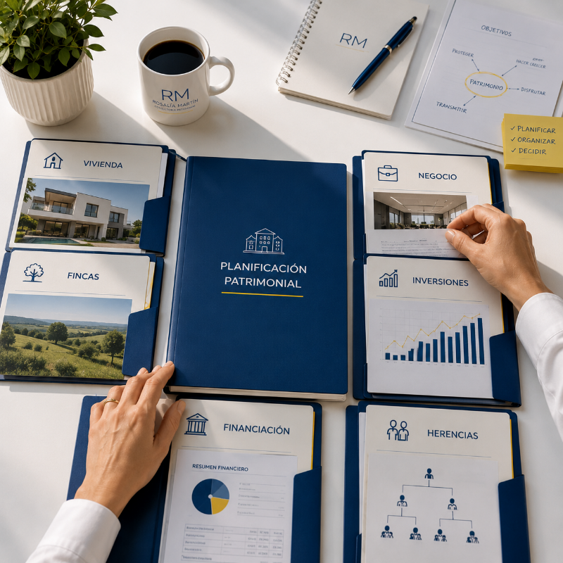 Organización de la información patrimonial para estructurar inmuebles, documentación, herencias, financiación e inversiones con una visión global.