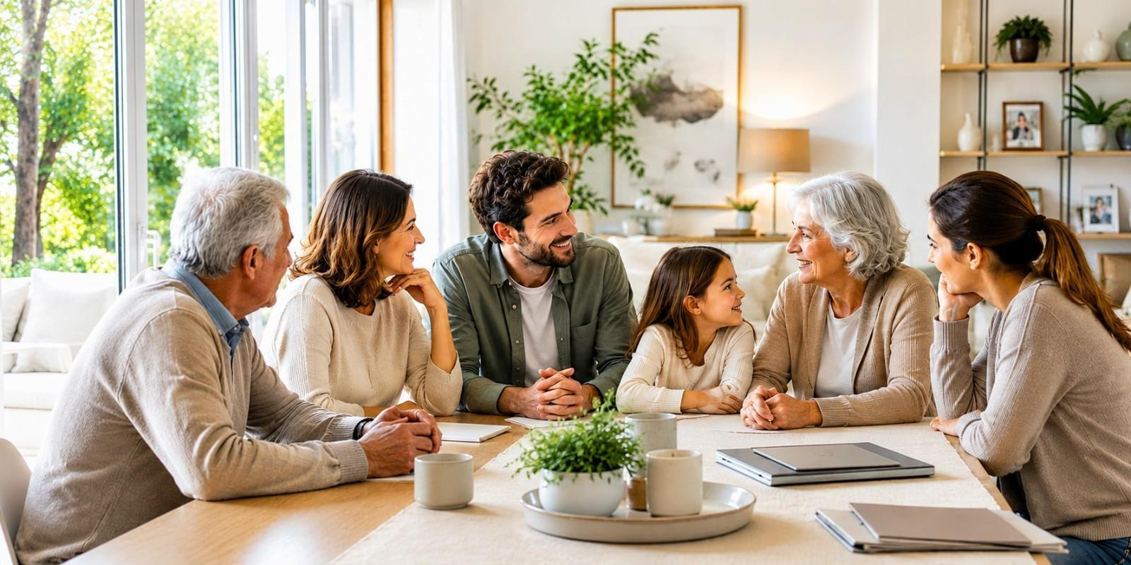 Familia planificando una herencia y el patrimonio familiar con asesoramiento profesional para garantizar tranquilidad y seguridad jurídica.