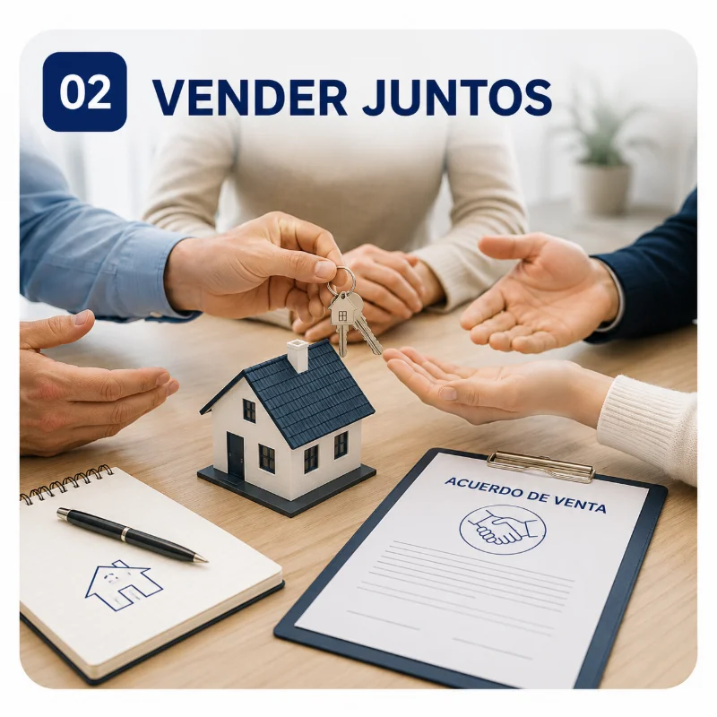 Copropietarios alcanzando un acuerdo para vender conjuntamente una vivienda.