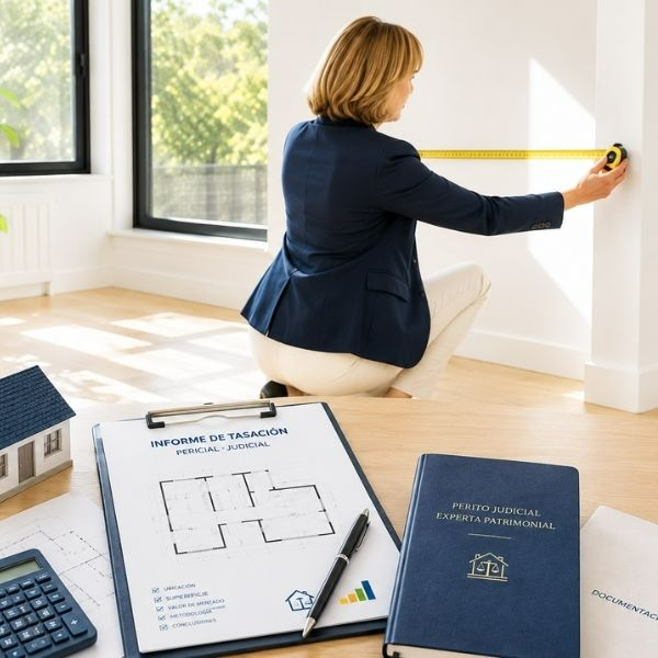 Perita judicial realizando una tasación inmobiliaria con informe técnico para herencias, divorcios, extinción de condominio, conflictos entre propietarios y procedimientos judiciales.