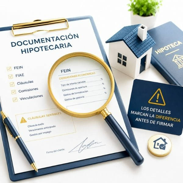 Revisión de documentación hipotecaria conforme a la Ley de Crédito Inmobiliario (LCCI), analizando FEIN, FiAE, cláusulas, comisiones, productos vinculados y riesgos antes de firmar la hipoteca.