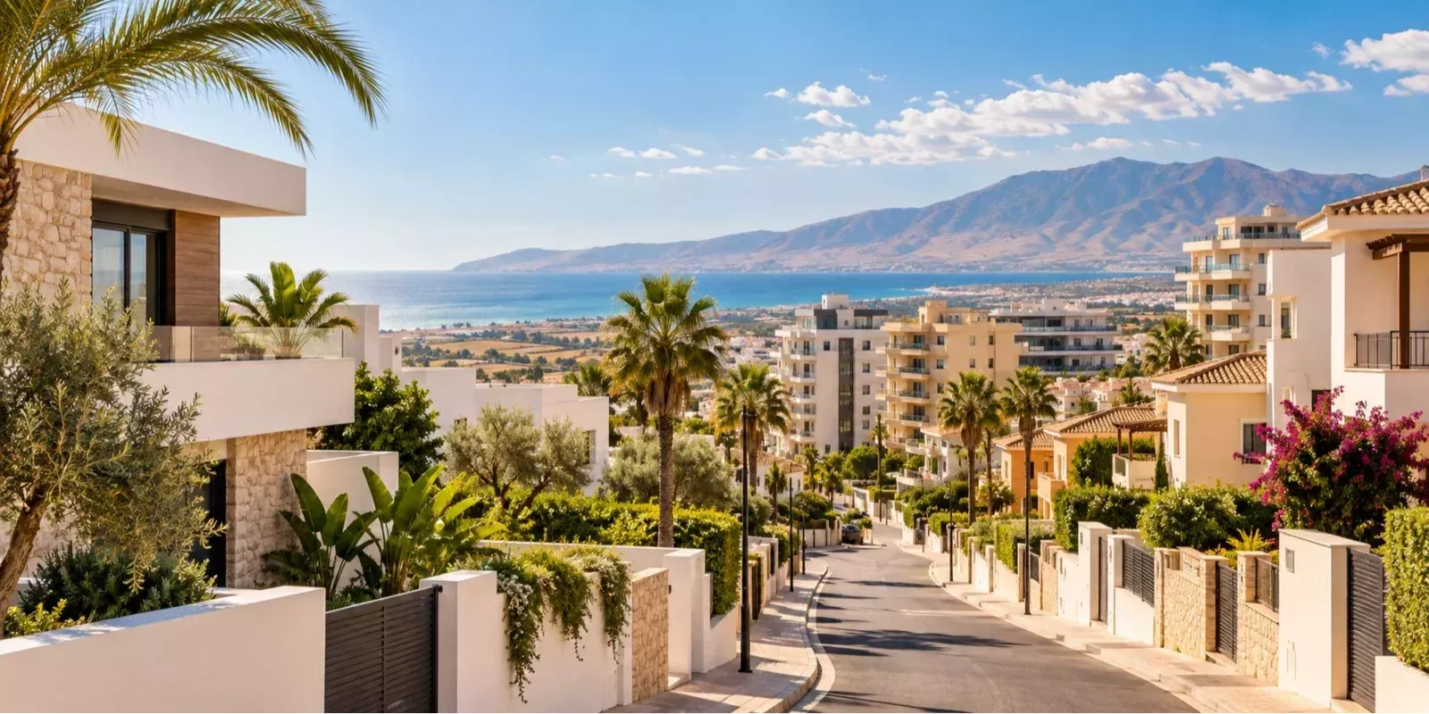 Vista de una zona residencial mediterránea con viviendas, palmeras, mar y montaña al fondo, utilizada para ilustrar los factores que influyen en la valoración de una vivienda.