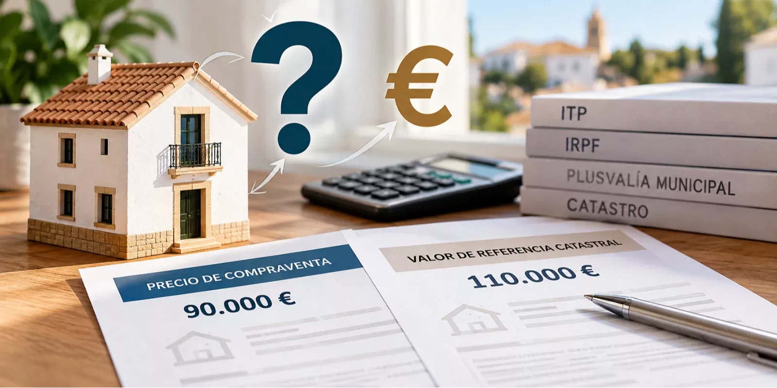 Vivienda con precio de compraventa de 90.000 € frente a un valor de referencia catastral de 110.000 €, junto a documentos fiscales y una calculadora