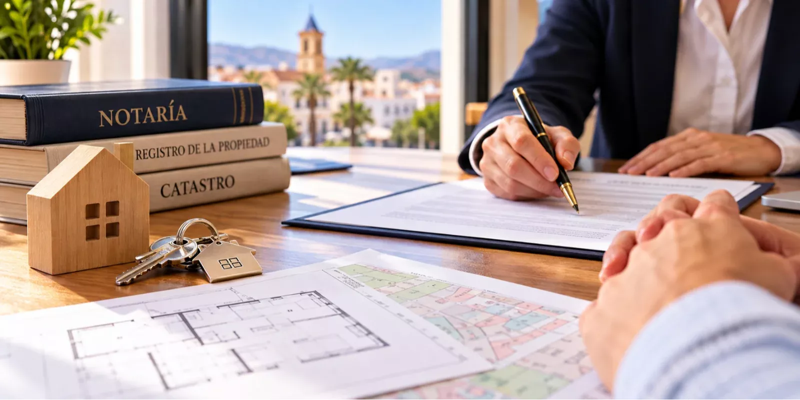 Mesa de notaría con escritura de compraventa, llaves y documentación de una vivienda en El Ejido, incluyendo Catastro y Registro de la Propiedad.
