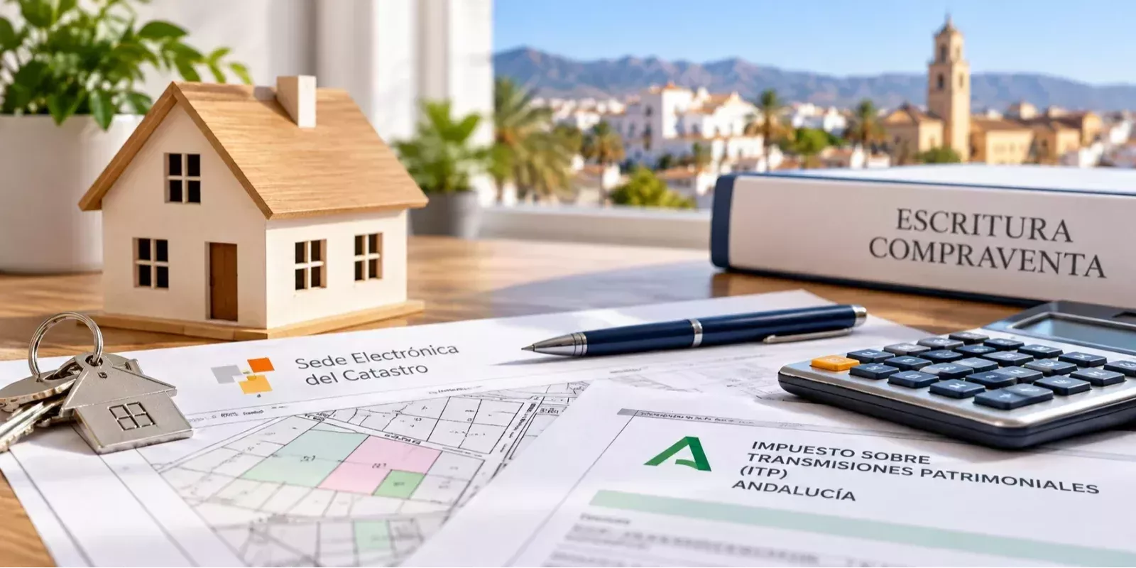 Documentación catastral, escritura de compraventa, llaves de vivienda y calculadora para analizar las consecuencias fiscales de vender por debajo del valor de referencia catastral en Andalucía.