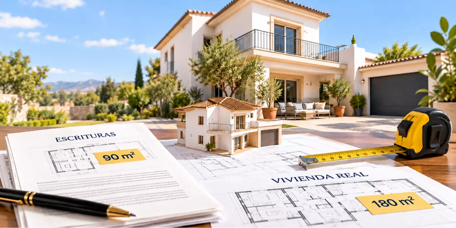 Maqueta de vivienda, planos y cinta métrica sobre una mesa, comparando los metros construidos que figuran en las escrituras con la superficie real de una casa.