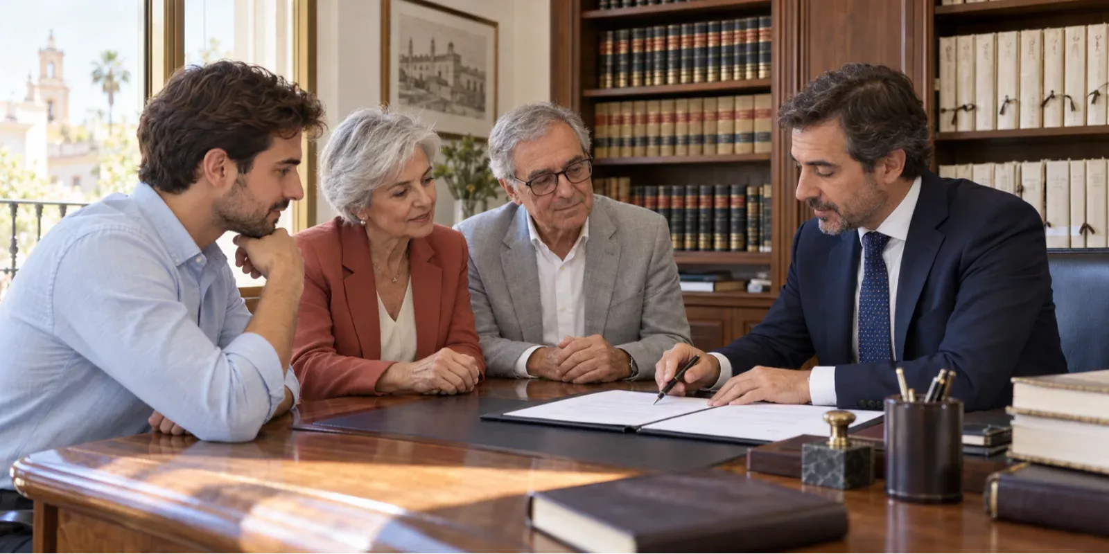 Padres e hijo revisan con un notario la documentación de una ayuda económica para comprar vivienda.