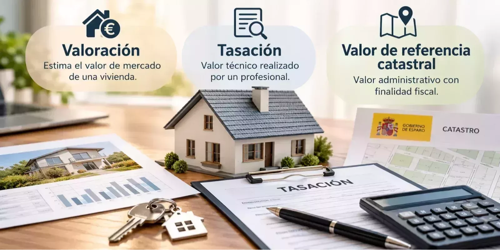 Comparativa visual entre valoración inmobiliaria, tasación profesional y valor de referencia catastral de una vivienda.