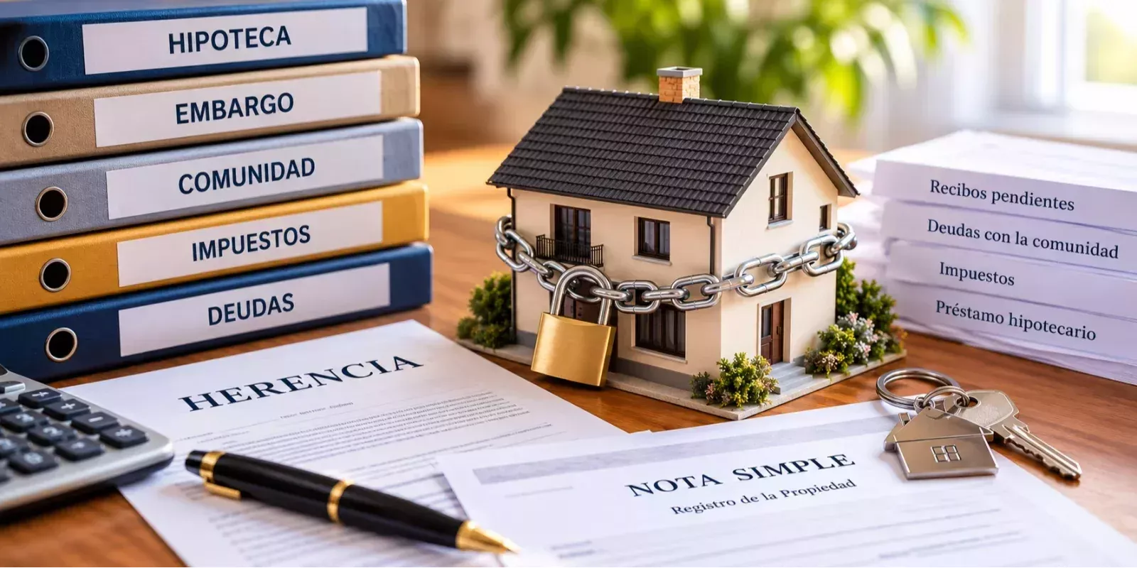 Vivienda heredada rodeada de documentos sobre hipoteca, embargo, comunidad, impuestos y deudas pendientes.