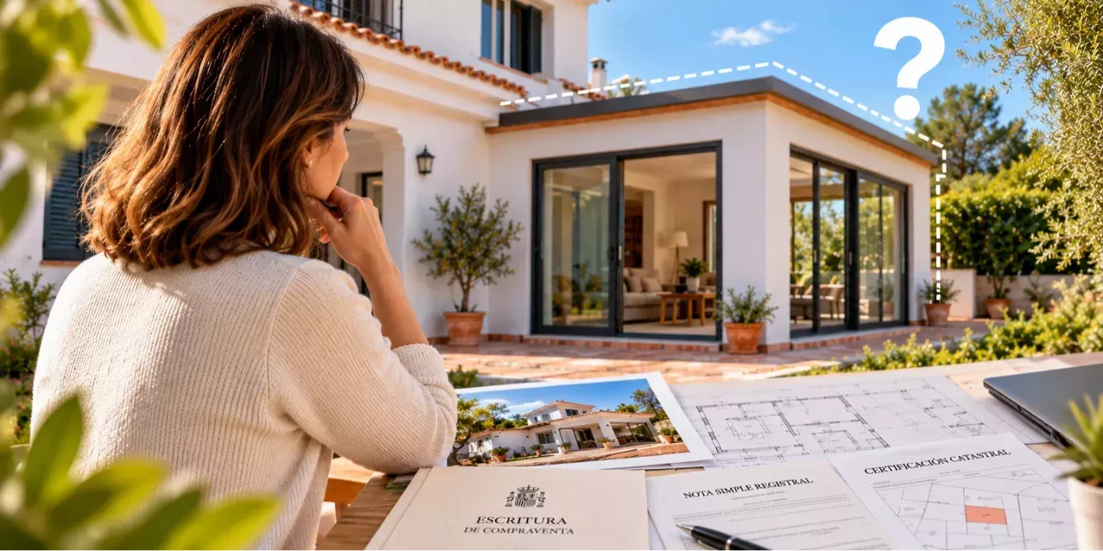 Mujer revisando escrituras y documentación de una vivienda tras descubrir una ampliación no declarada en la propiedad.