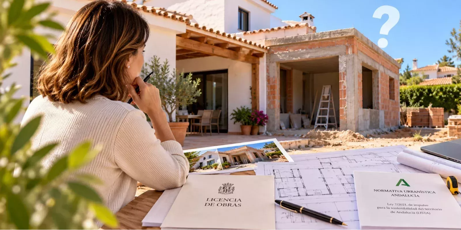 Mujer revisando una licencia de obras y la normativa urbanística de Andalucía frente a una ampliación de vivienda en construcción.
