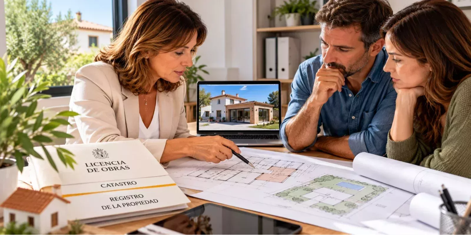 Asesora inmobiliaria explicando a una pareja los trámites para regularizar una construcción no declarada en Andalucía, con planos y documentación catastral.