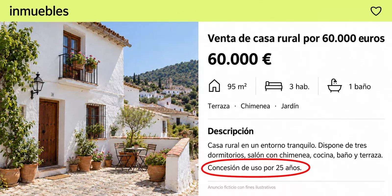 Anuncio ficticio de casa rural por 60.000 euros, con la frase «Concesión de uso por 25 años» rodeada en rojo.