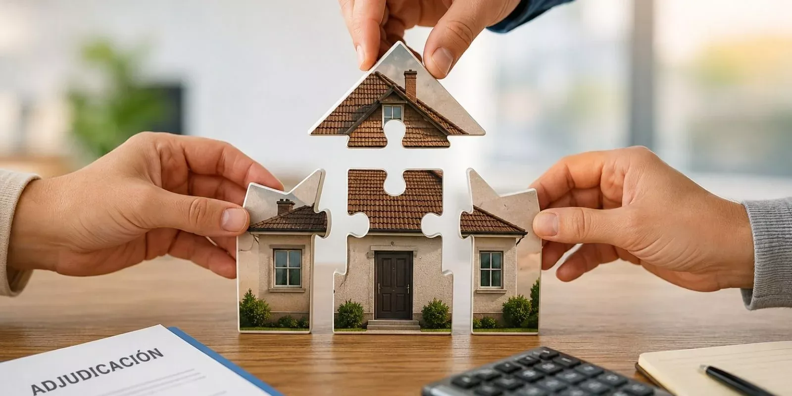 Copropietarios completando una vivienda con piezas de puzle para representar la adjudicación a uno de ellos