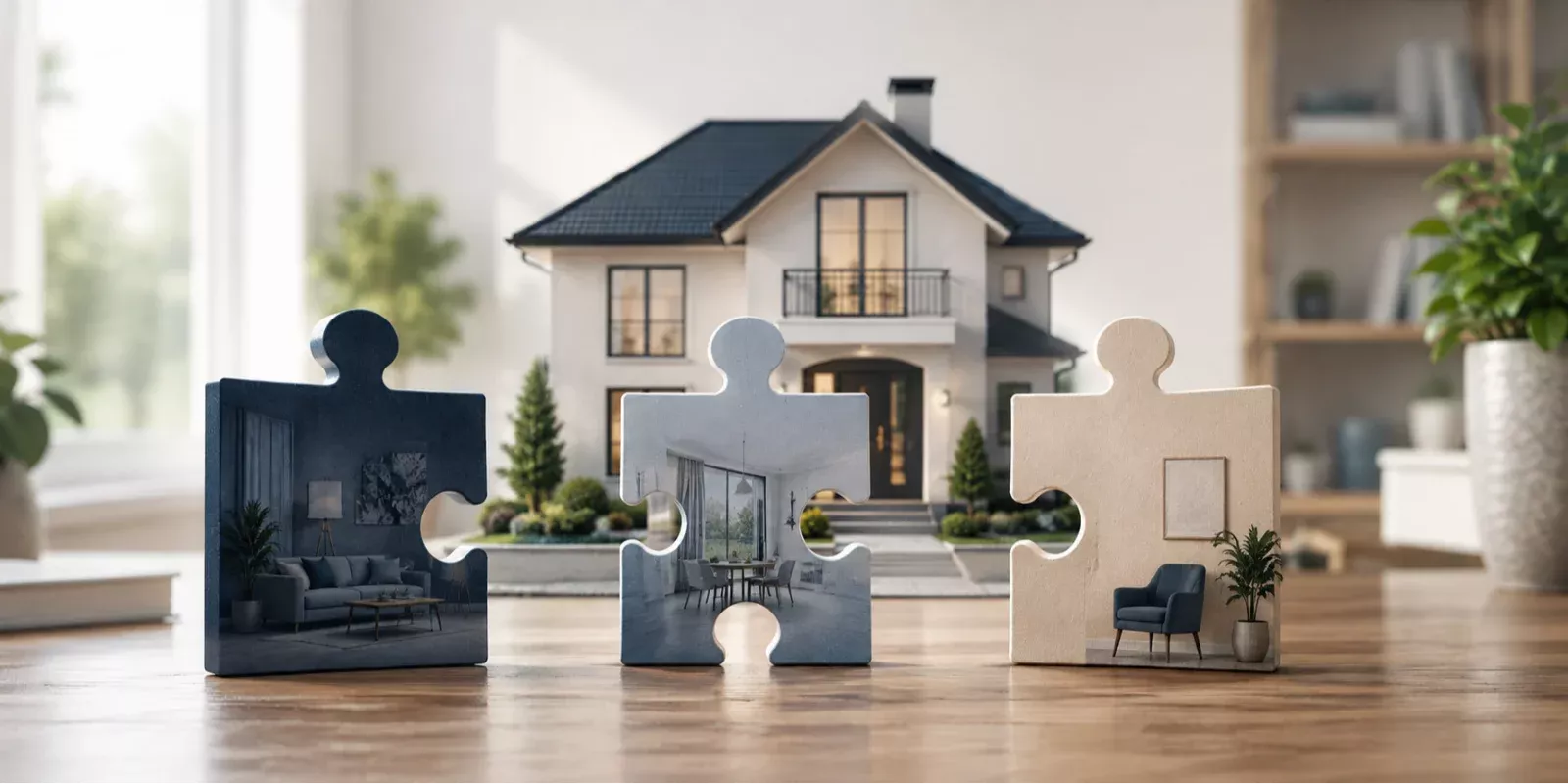 Vivienda con tres piezas de puzle separadas que representan el desacuerdo entre copropietarios.