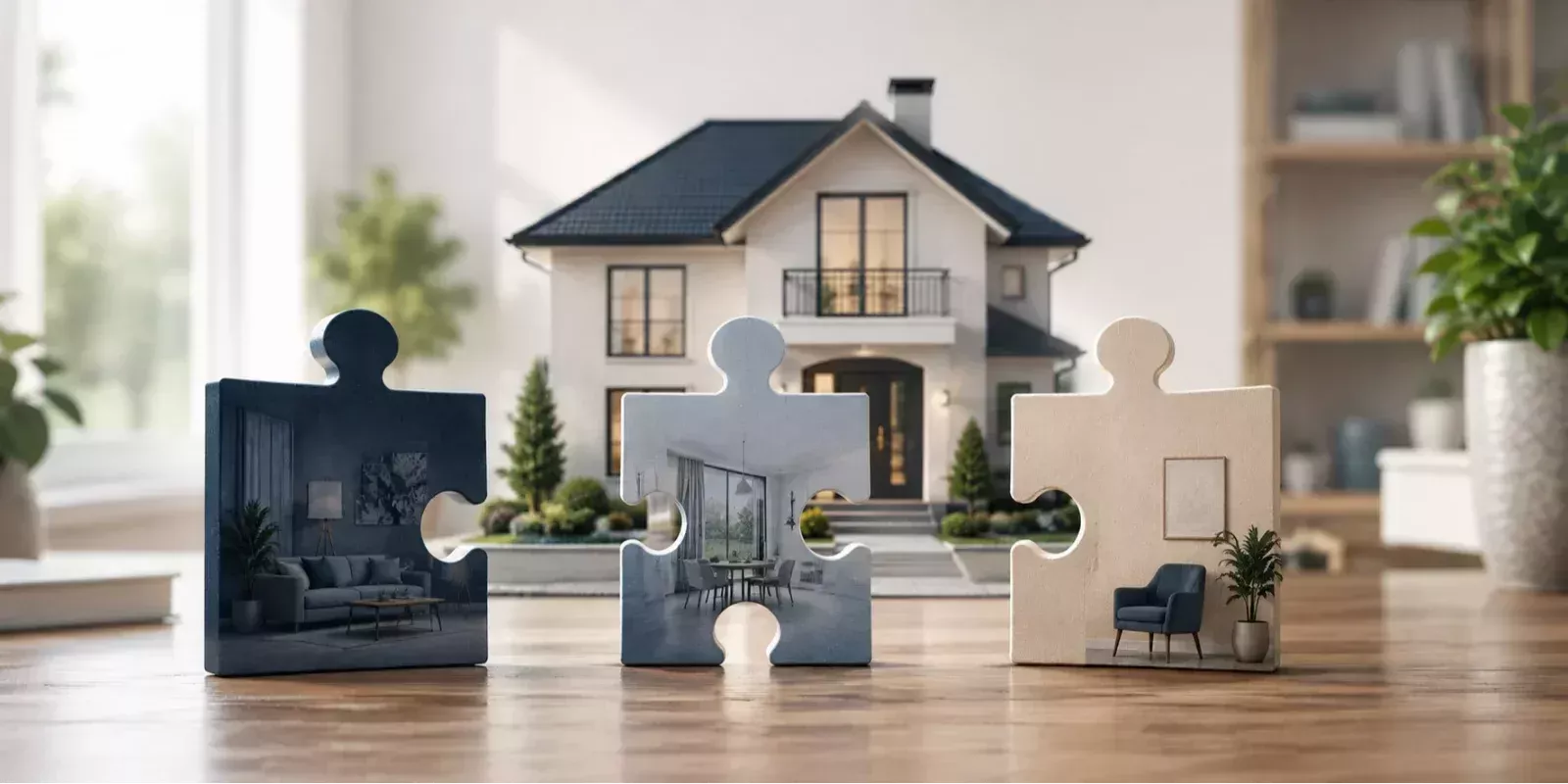 Vivienda con tres piezas de puzle separadas que representan el desacuerdo entre copropietarios.