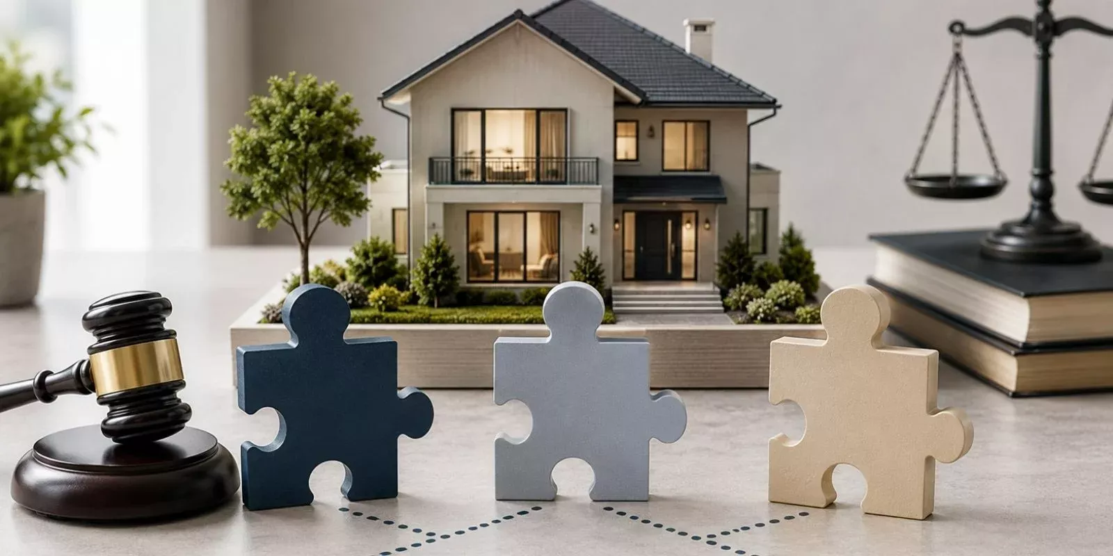 Vivienda con piezas de puzle separadas y elementos judiciales que representan el fin de una copropiedad sin acuerdo.