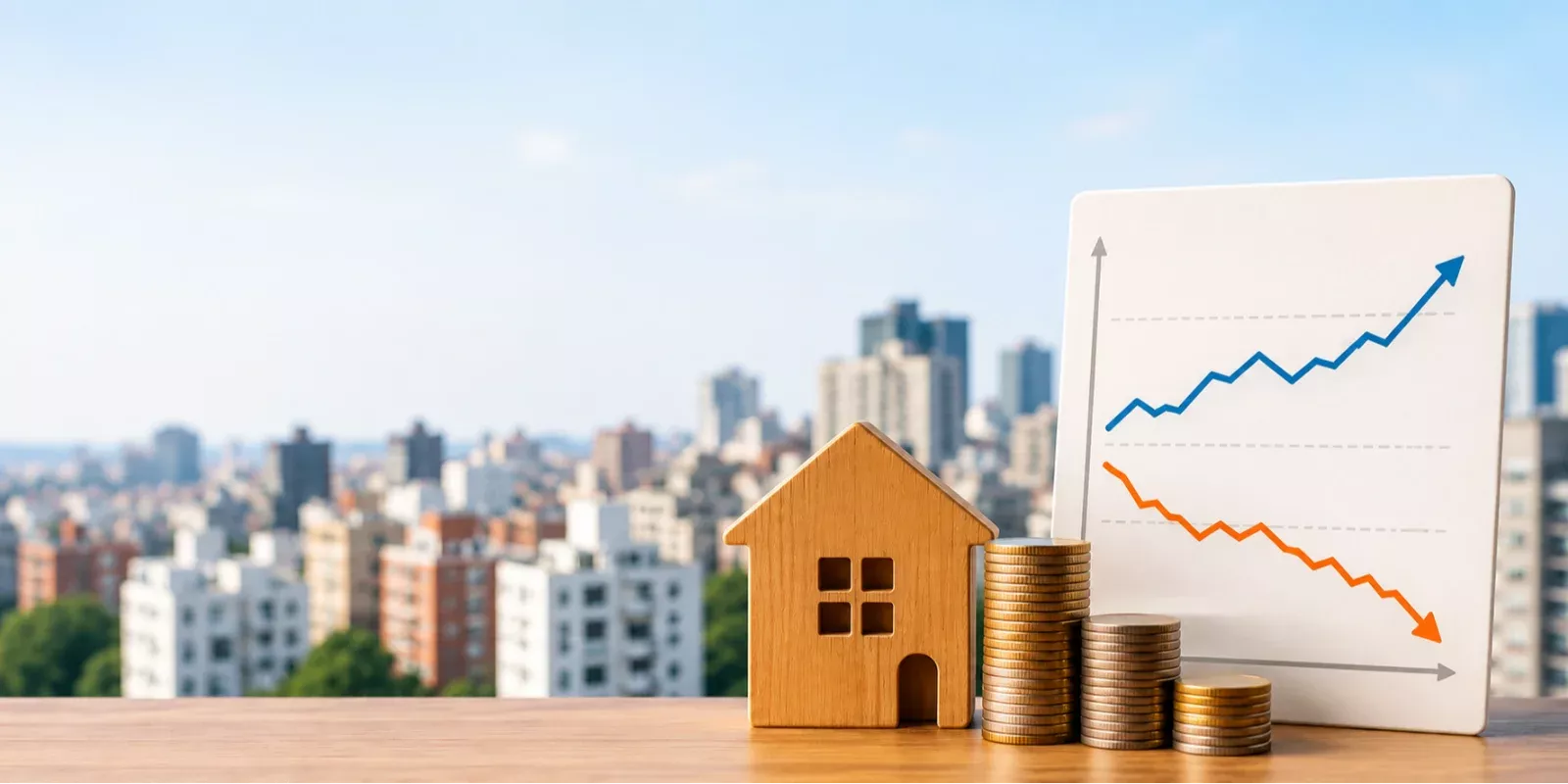 Vivienda de madera y monedas junto a un gráfico que representa la evolución de precios y compraventas en el mercado inmobiliario.