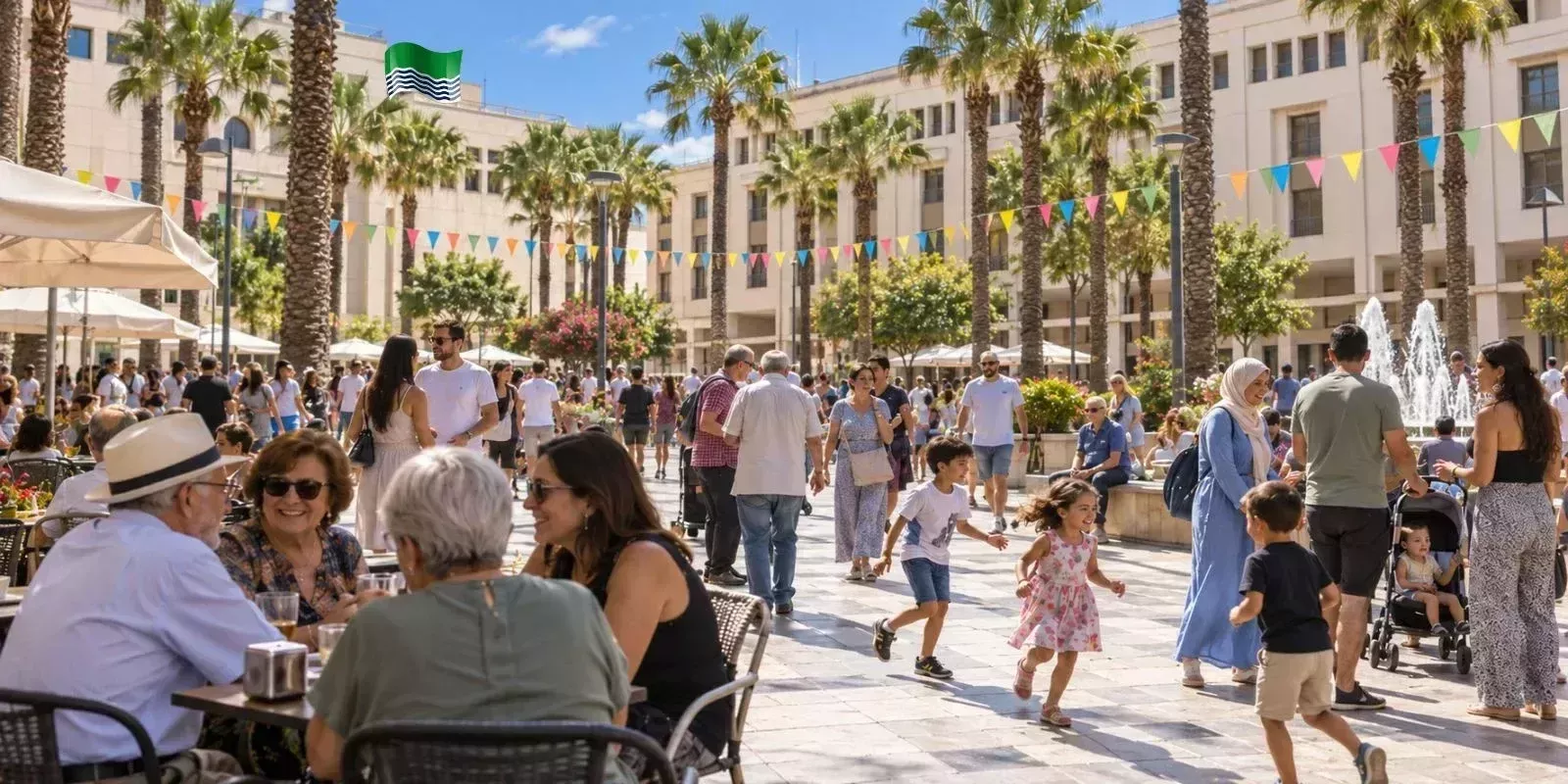 Celebración ciudadana en la Plaza Mayor de El Ejido con familias, niños y vecinos reunidos por el Día del Municipio.